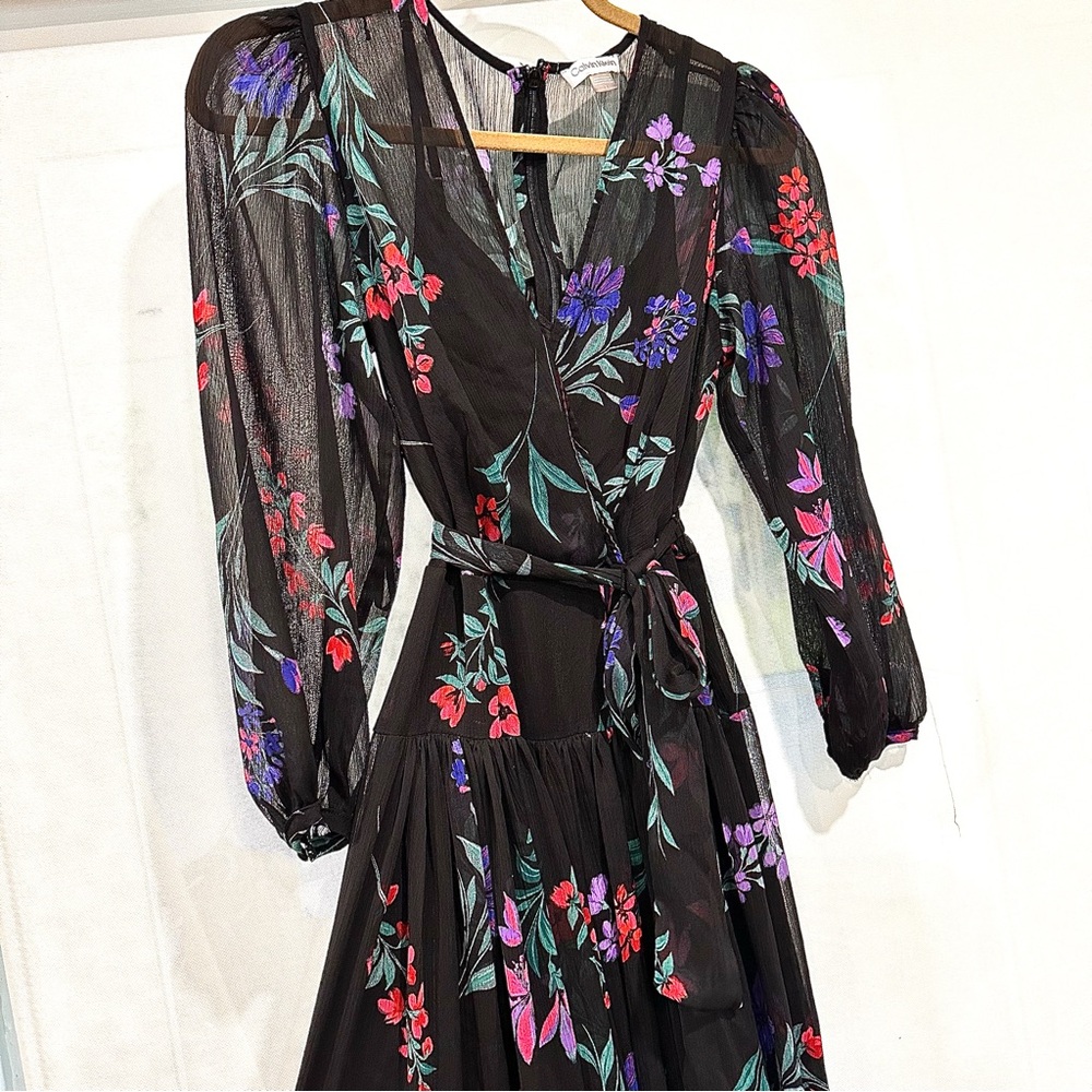 Calvin Klein Floral Chiffon Faux Wrap Maxi Dress Size 2 Zipper stuck